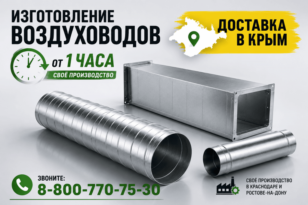 Воздуховоды оцинкованные круглые и прямоугольные на заказ. Доставка в Крым и по РФ